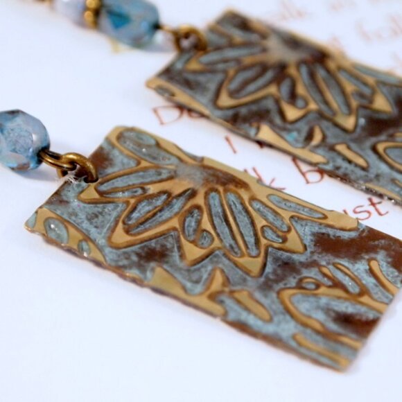 Brass Hand Embossed Earrings Blue Czech Glass Earrings Patina Brass Earrings - Picture 7 of 9